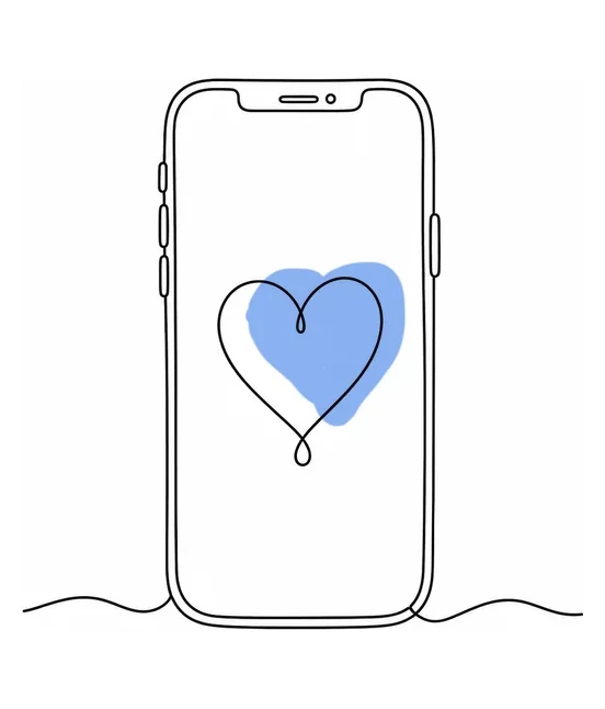 Line drawing of a phone with a heart on the screen